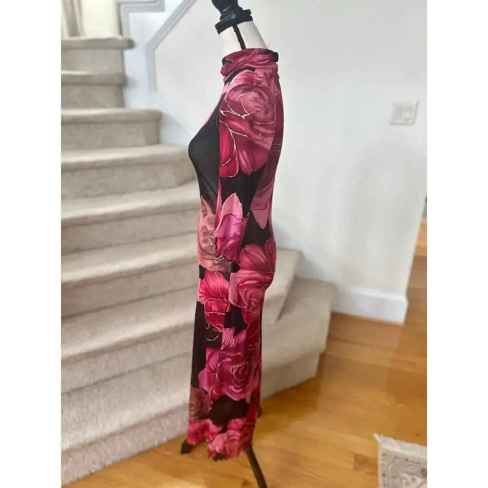 Vintage Y2K Mesh Sheer Black Red Floral Rose Metallic Gold Slip Dress - Picture 3 of 6